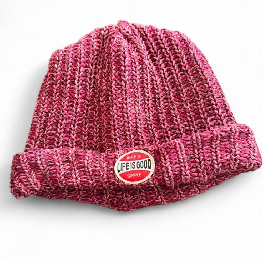Life Is Good pink/burgundy marled ribbed knit beanie.